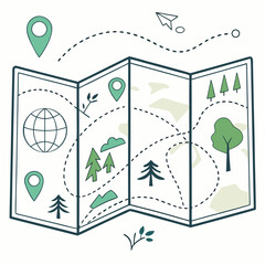 Illustration of a folded map with travel icons