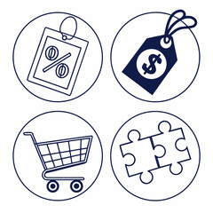 Discount tag, price tag, shopping cart, and puzzle icons