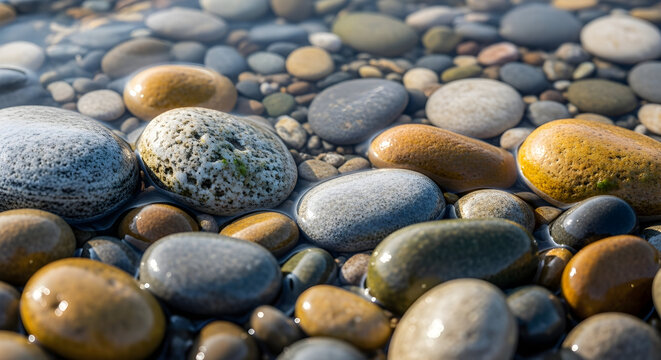 Smooth sea pebbles on a beach wet stones in clear water natural background with round rocks
