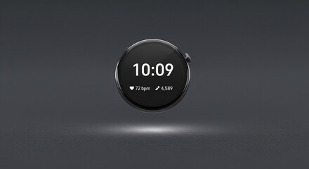 Modern smartwatch displays time, heart rate, and steps, symbolizing fitness and technology integration.