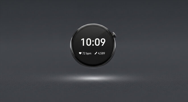 Modern smartwatch displays time, heart rate, and steps, symbolizing fitness and technology integration.