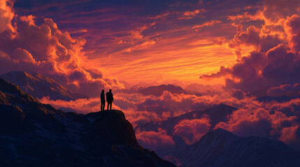 Fototapeta premium Silhouette of a couple on a mountain summit watching a dramatic sunset. Epic landscape view above a sea of orange clouds. Adventure and exploration concept