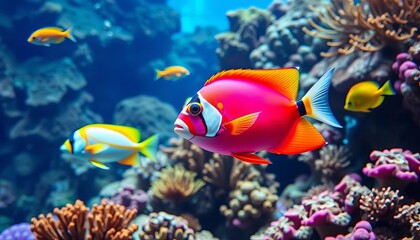 Vibrant tropical fish swimming in coral reef aquarium,  underwater,   exotic