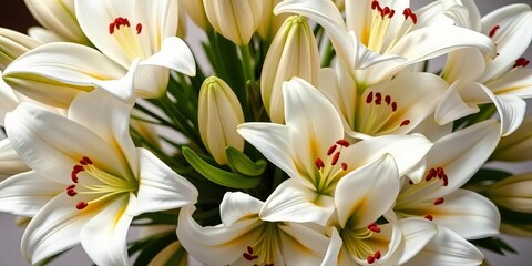 Fototapeta premium Elegant white lilies arranged in a bouquet, showcasing their pristine petals, floral arrangement, celebration