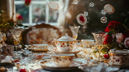 An enchanting tea party scene with vintage teacups, saucers, and roses, featuring floating elements and soft lighting, creating a whimsical and magical atmosphere for a special occasion