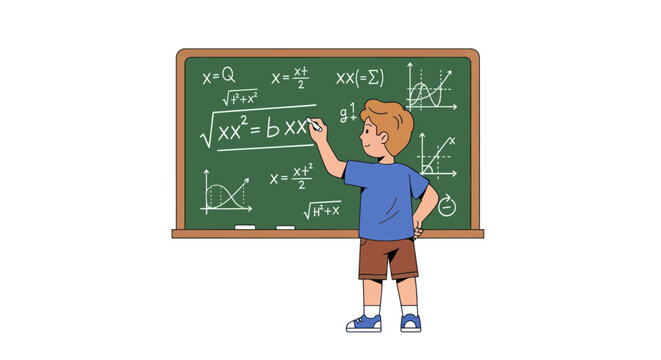 Boy Solving Math Problems on a Green Chalkboard with Equations and Graphs.