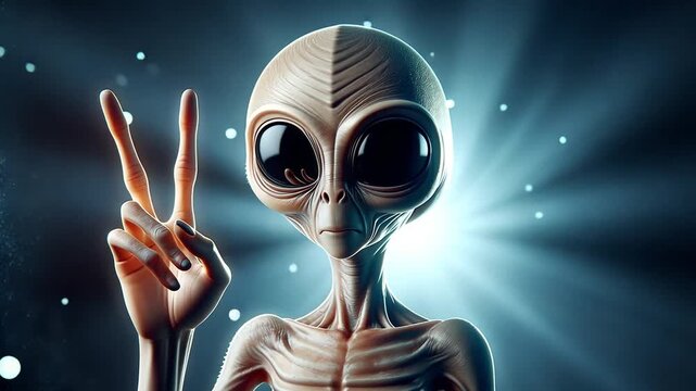 A gray alien with large black eyes and a slender body makes a peace sign with its right hand. The background is illuminated with soft light, creating a mystical atmosphere.