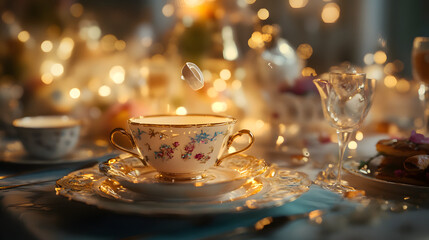 A beautifully arranged tea party scene with a vintage floral teacup and saucer, soft bokeh lights, and a sugar cube falling into the cup, creating a warm and inviting atmosphere
