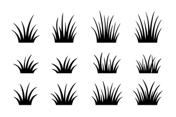 Grass silhouettes set. Vector illustration collection of black grass tufts. Isolated on transparent background. Nature plant lawn icon for spring or summer design element.