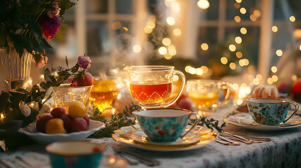 A festive tea party scene with an array of colorful teacups, sweets, and decorations, illuminated by soft bokeh lights, creating a warm and inviting atmosphere for a special gathering
