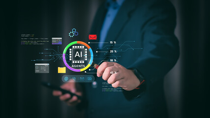 User analyzing AI agent performance data on mobile device, infographic charts, digital icons, representing smart technology, analytics, artificial intelligence adoption, mobile interface interaction.