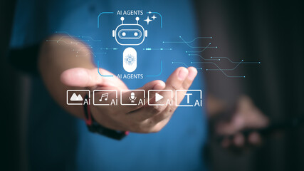 businessman interacts with digital AI agents, represented by icons for images, music, speech, video, and text. This image highlights AI's growing role in media, communication, and technology