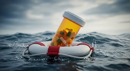 Medicine safety concept: pills in life preserver floating on water, medication help and healthcare support