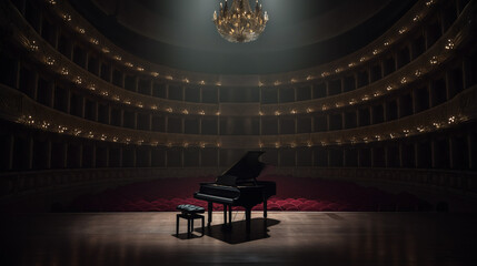 A grand piano on stage under a spotlight in an empty concert hall. Elegant theater with a chandelier before a classical music performance.