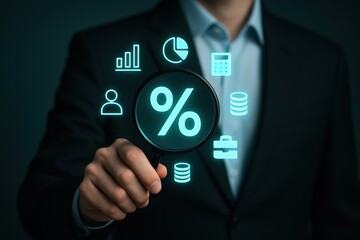 Businessman in a suit focuses on a percentage symbol using a magnifying glass, with associated financial icons floating around it, suggesting an emphasis on financial analysis and investment insights.