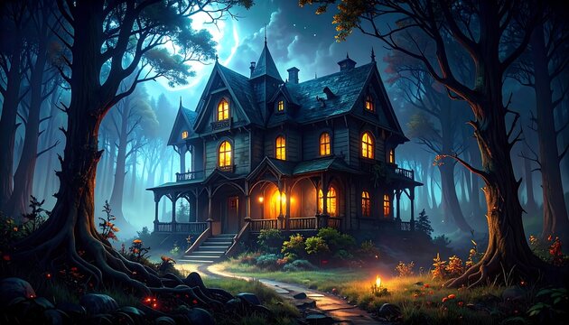 Haunted house in a dark forest at night - Powered by Adobe