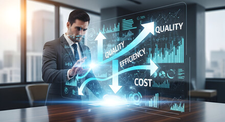 Cost Reduction Holographic Interface — Businessman Analyzing Declining Costs Graph on Transparent Screen in Modern Office