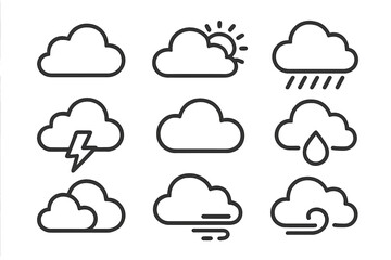 Weather forecast icon set. Minimalist line art collection with cloud, sun, rain, storm, wind, lightning symbols. Simple outline vector illustration for climate app and web UI.