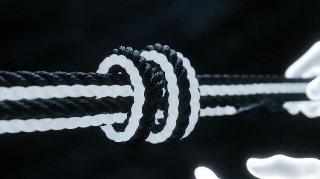 In a dimly lit space, the camera captures a close-up of a beautifully tied rope knot. Gentle light highlights the textures and patterns of the rope, creating an artistic effect.