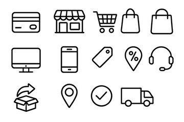 E-commerce and online shopping line icon set. Vector symbols for web and mobile app interface. Includes store, payment, delivery truck, cart, and support icons. Thin line retail.