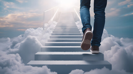 Man climbs stairway to heaven surrounded by clouds, symbolizing success, aspiration and overcoming challenges with hope and determination in life