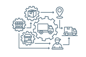 Supply chain management concept with line icons. Logistics process, e-commerce order fulfillment, and distribution system. Warehouse, shipping, and delivery workflow automation.