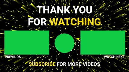 End screen template animation with green screen placeholders for your logo, social media and call to action elements. Text animated of words Thank You For Watching with 4k high quality video