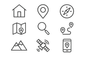 Navigation line icons set. Location, GPS, and travel symbols. Vector pack with home, pinpoint, compass, map, search, route, mountains, satellite, tracking, and mobile app.