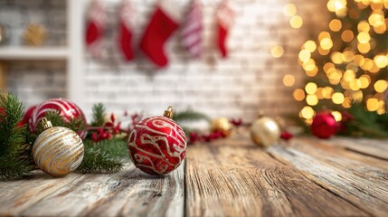 Christmas Kitchen Table with Red/Gold Baubles: Rustic Wooden Surface, White Brick Wall, Christmas Tree + Warm Bokeh Lights, Red Stockings, Cozy Vibe