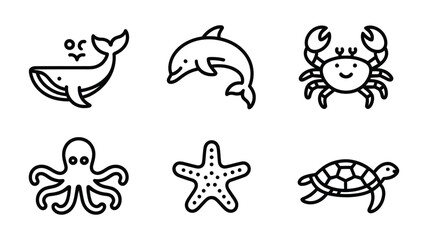 Vector art of collection of adorable sea creatures, including a whale, dolphin, crab, octopus, starfish, and turtle in black outline
