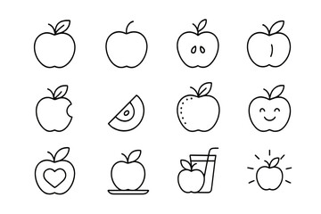 Apple icon pack, thin line vector set. Editable stroke symbols for web and mobile apps. Fruit collection with whole, sliced apple, juice, heart, and cute kawaii character.