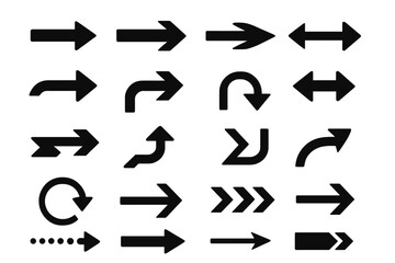 Collection of black vector arrow icons. Set of different pointer symbols for navigation and direction. Straight, curved, refresh, and loading arrows for web and UI design.