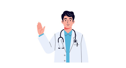 Fototapeta premium Friendly male doctor in a white lab coat with a stethoscope waving his hand in a welcoming gesture.