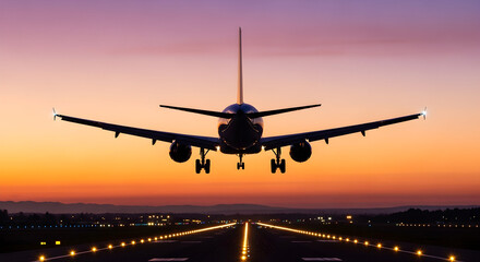 Airplane taking off at sunset silhouette of aircraft on runway travel and transportation concept
