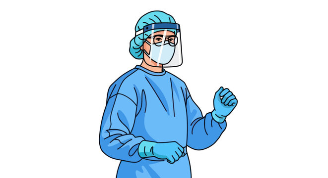 Healthcare worker wearing full blue PPE including face shield mask and gloves.