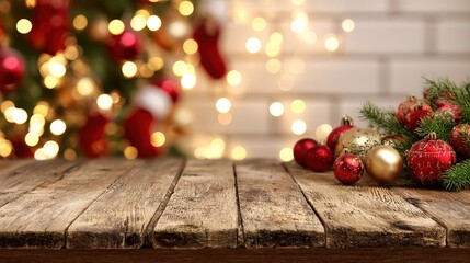 Christmas Kitchen Table with Red/Gold Baubles: Rustic Wooden Surface, White Brick Wall, Christmas Tree + Warm Bokeh Lights, Red Stockings, Cozy Vibe