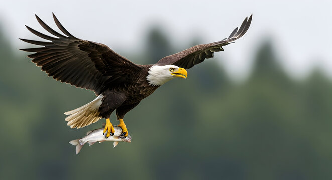 Bald eagle in flight carrying a fish majestic bird of prey hunting wildlife photography in natural habitat