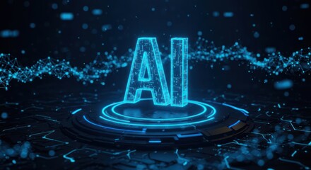 Futuristic Glowing Artificial Intelligence Letters on a Circular Stage Display
