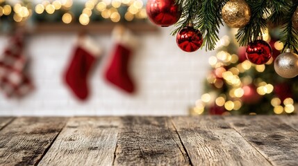 Christmas Kitchen Table with Red/Gold Baubles: Rustic Wooden Surface, White Brick Wall, Christmas Tree + Warm Bokeh Lights, Red Stockings, Cozy Vibe