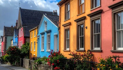 Row of colorful houses, vibrant colored facades