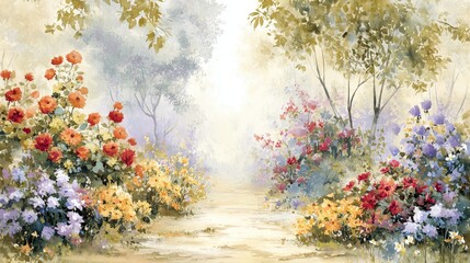 Obraz premium Scenic garden path painting vibrant painting showcases tranquil garden path scene
