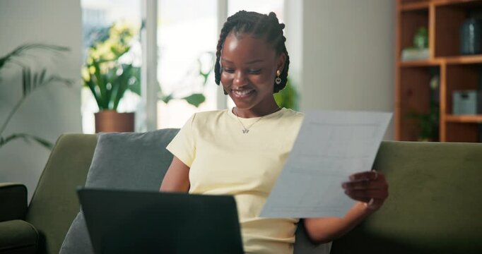 Black woman, remote work and happy by laptop with document for information, internet and online. Female freelancer, technology and laugh with paperwork for fact comparison, budget and working in home