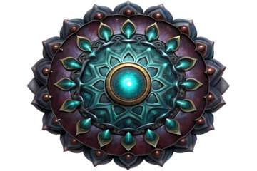 Photo of ornate lotusshaped medallion with glowing teal center and dark purple petals, isolated on transparent background