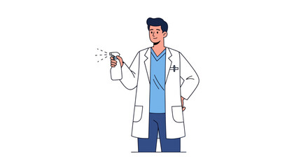 Fototapeta premium Cartoon doctor spraying disinfectant wearing a white coat and blue scrubs.