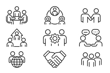 Team meeting icons set group teamwork project team collaboration business discussion partnership handshake global communication cooperation brainstorming flat line vector illustration