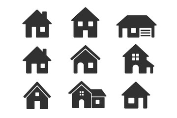 House vector icons set. Real estate flat illustrations. Simple home silhouette for website. Property symbols. Building graphics for app design. Isolated residential objects.