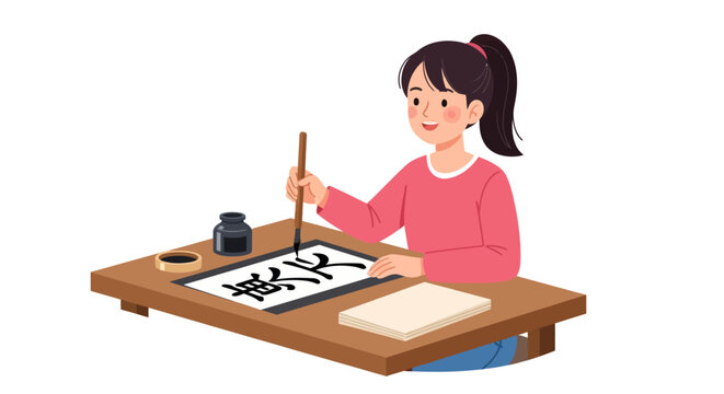 Young girl practicing traditional East Asian calligraphy with brush and ink.
