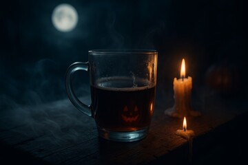 A transparent mug with dark coffee, lit by candlelight under the full moon, evoking a mysterious and cinematic Halloween mood.