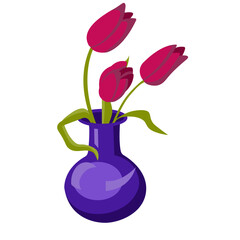 Vase and three red tulips. Vector illustration isolated on white background.