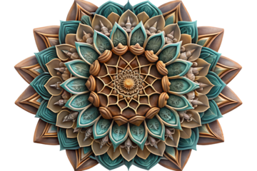 Photo of intricate mandala pattern with teal and brown colors, isolated on transparent background